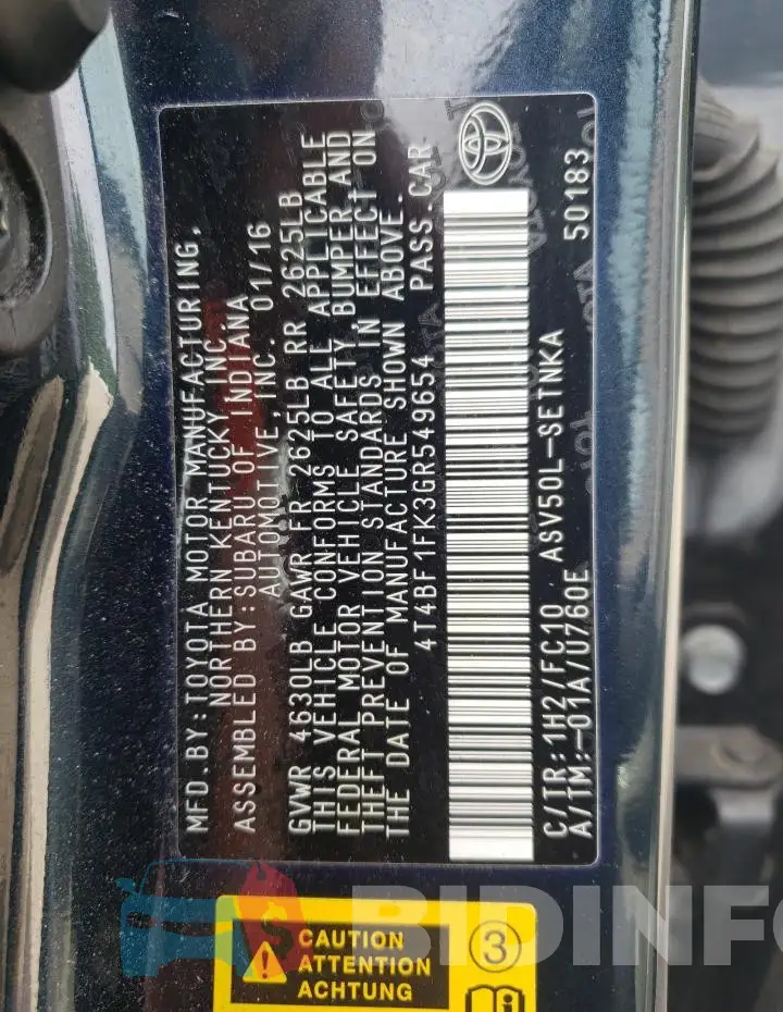 4T4BF1FK3GR549654 Photo# 12