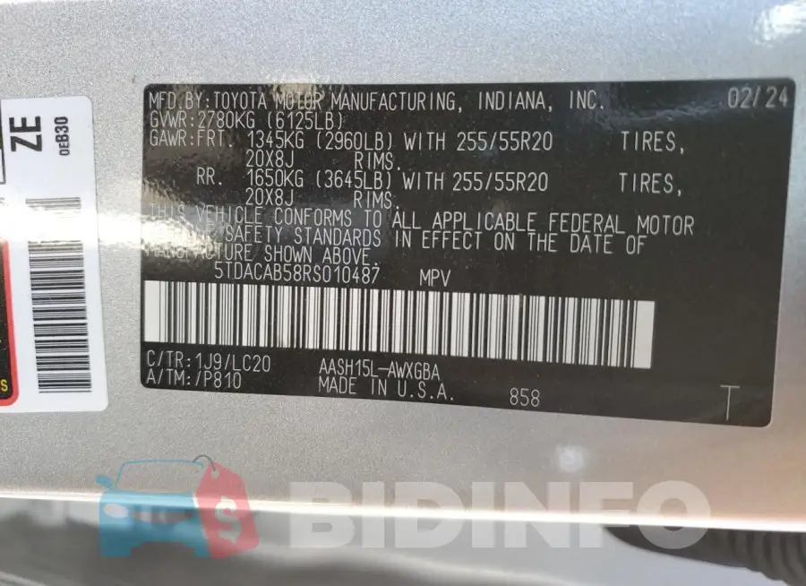 5TDACAB58RS010487 Photo# 14