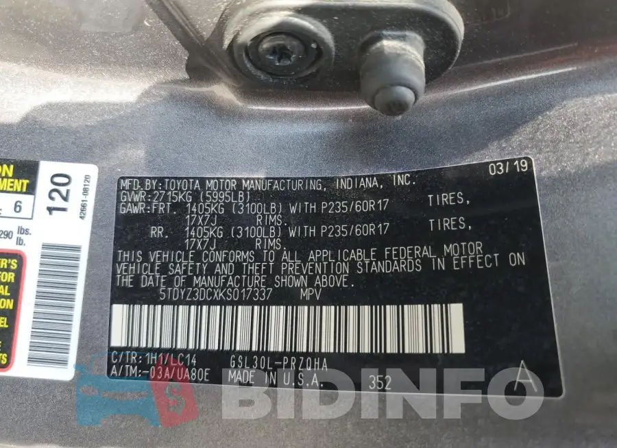 5TDYZ3DCXKS017337 Photo# 14