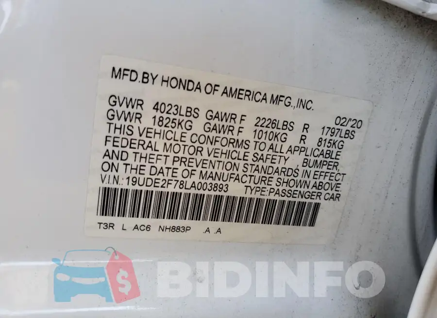 19UDE2F78LA003893 Photo# 12
