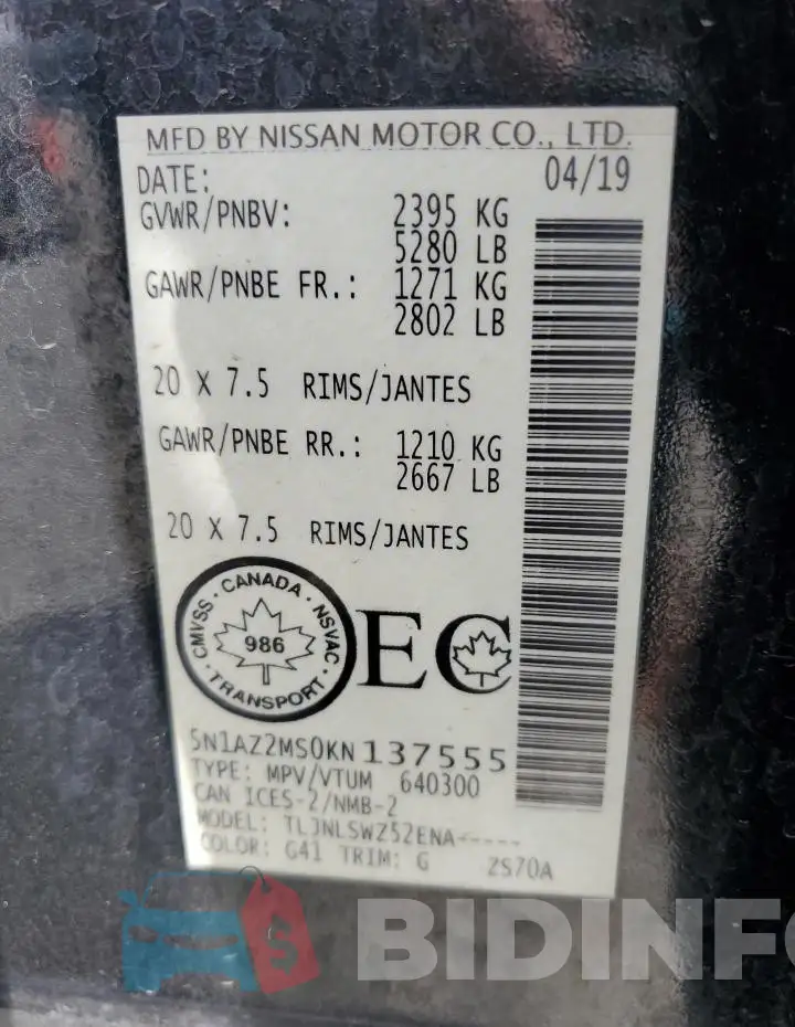 5N1AZ2MS0KN137555 Photo# 14