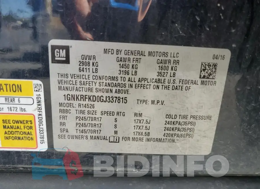 1GNKRFKD0GJ337815 Photo# 13