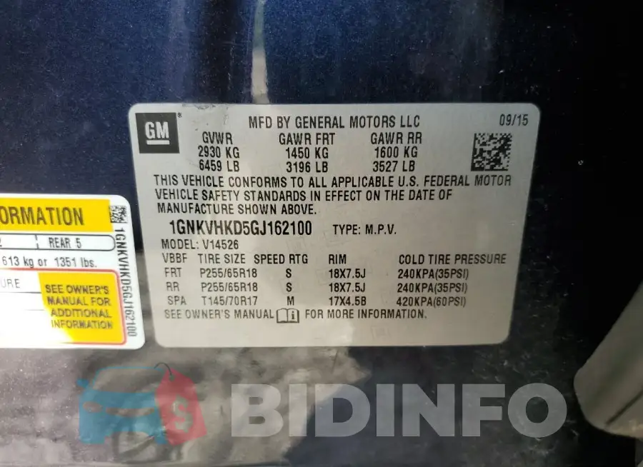 1GNKVHKD5GJ162100 Photo# 13