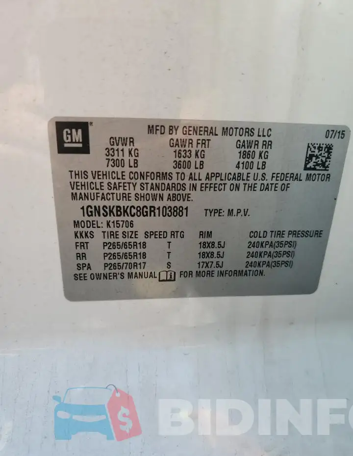 1GNSKBKC8GR103881 Photo# 13
