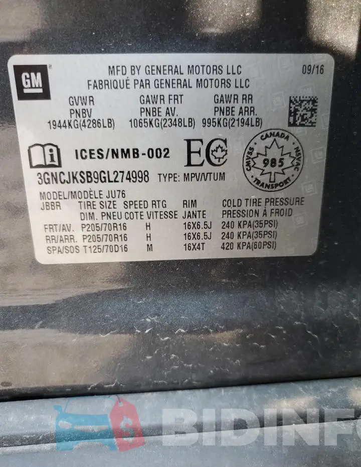 3GNCJKSB9GL274998 Photo# 13