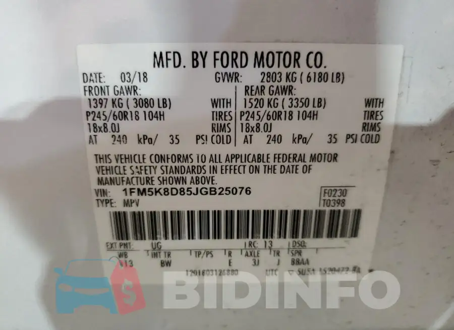 1FM5K8D85JGB25076 Photo# 13