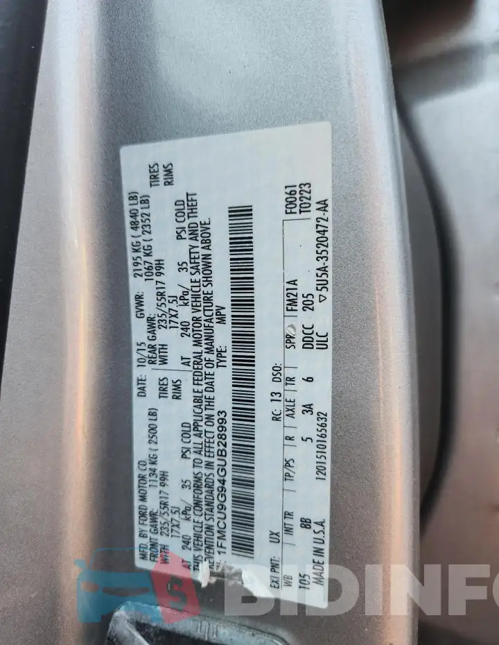 1FMCU9G94GUB28993 Photo# 12