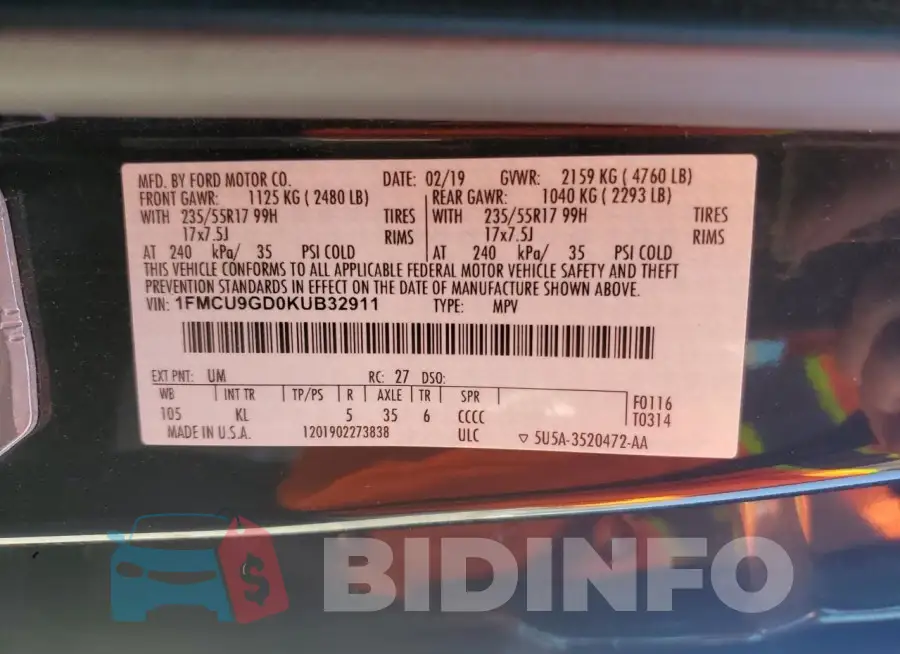 1FMCU9GD0KUB32911 Photo# 13