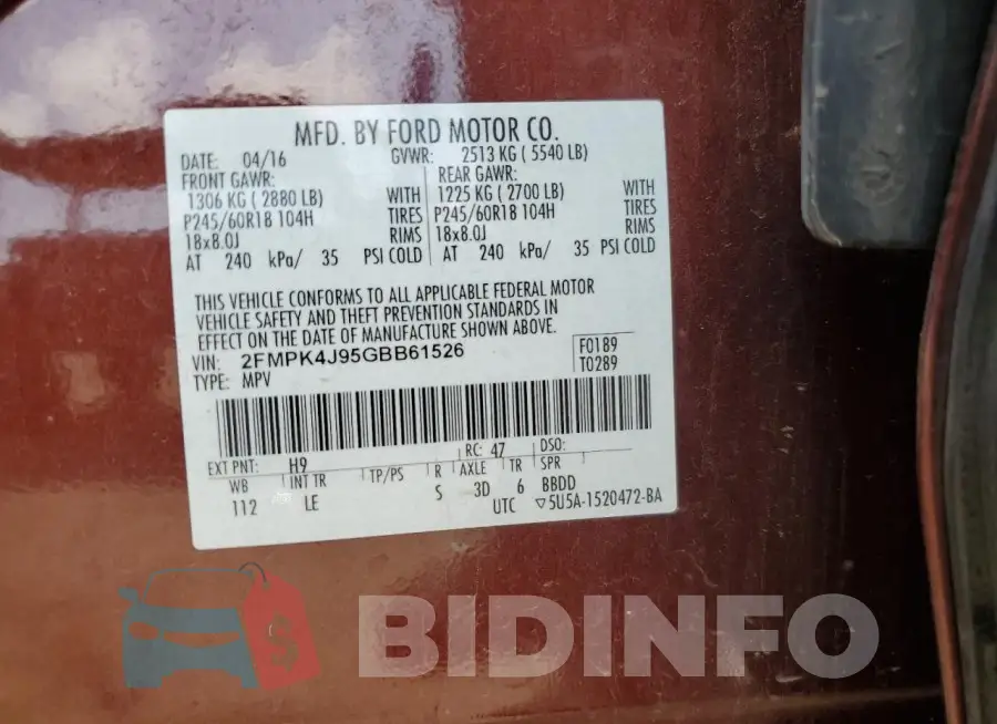 2FMPK4J95GBB61526 Photo# 13
