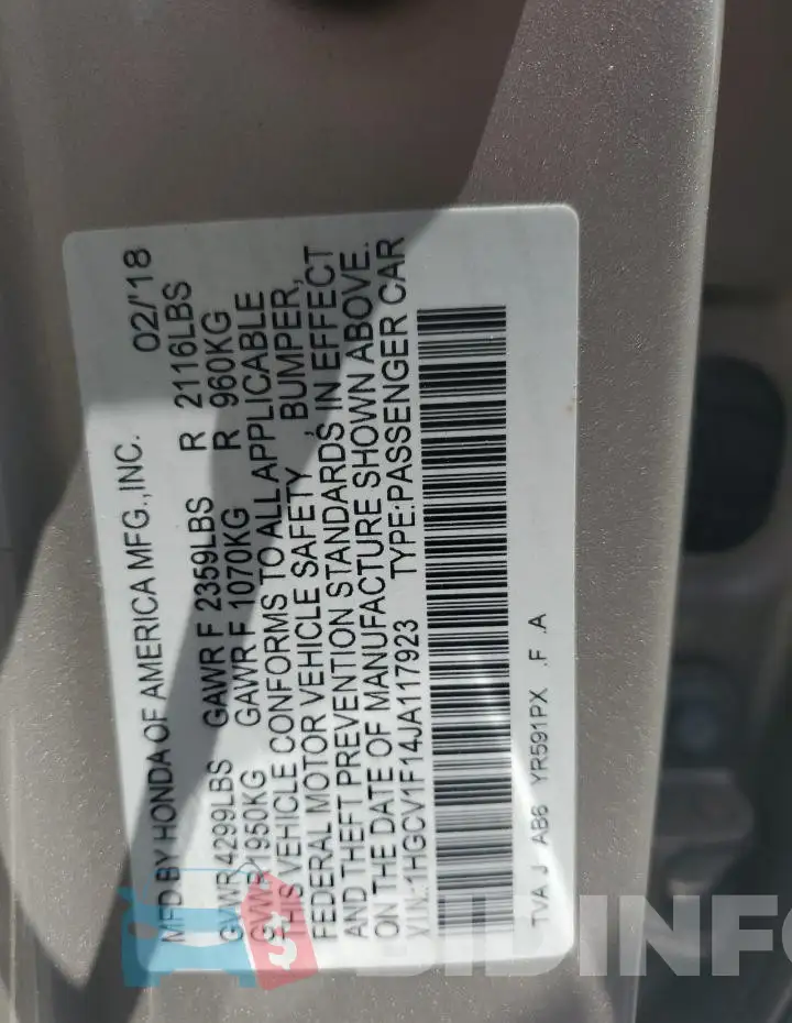 1HGCV1F14JA117923 Photo# 12