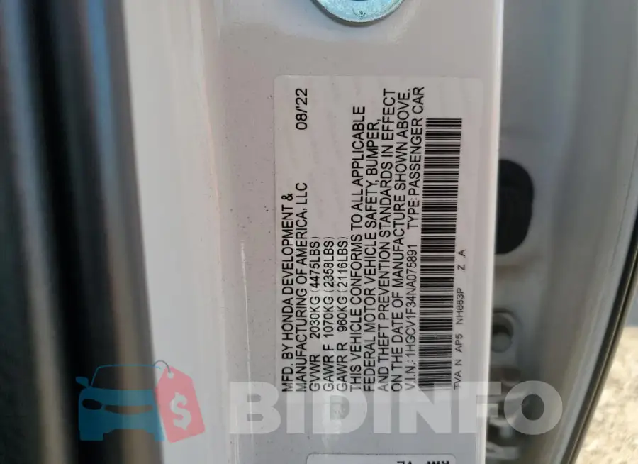 1HGCV1F34NA075891 Photo# 13