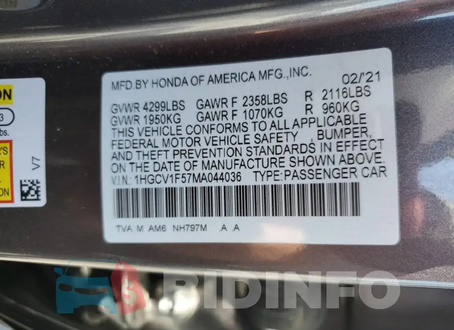 1HGCV1F57MA044036 Photo# 12