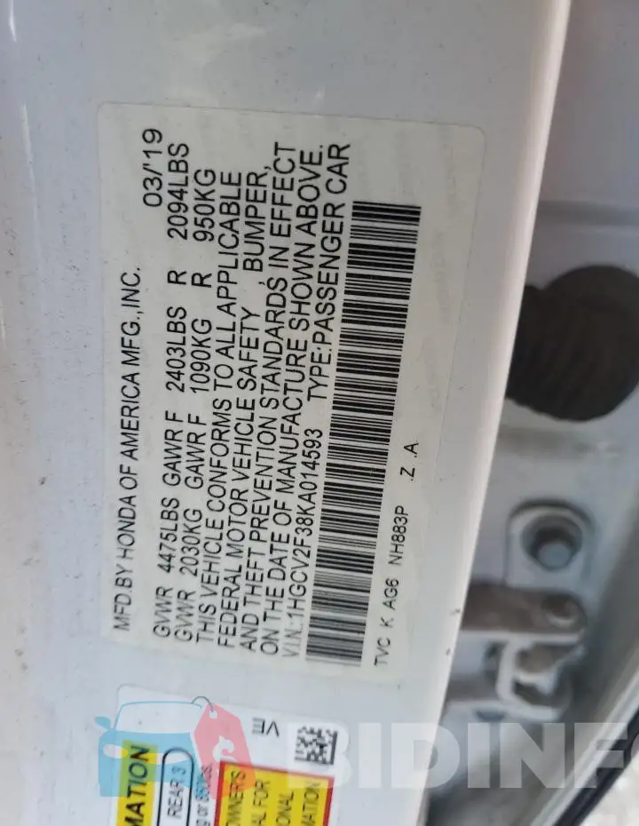 1HGCV2F38KA014593 Photo# 12