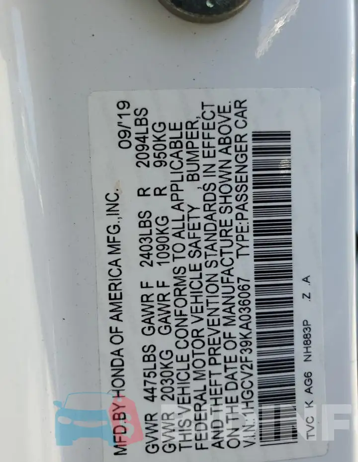 1HGCV2F39KA036067 Photo# 12