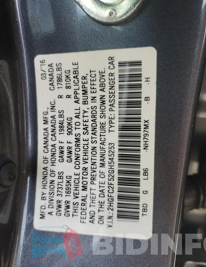 2HGFC2F52GH545253 Photo# 13