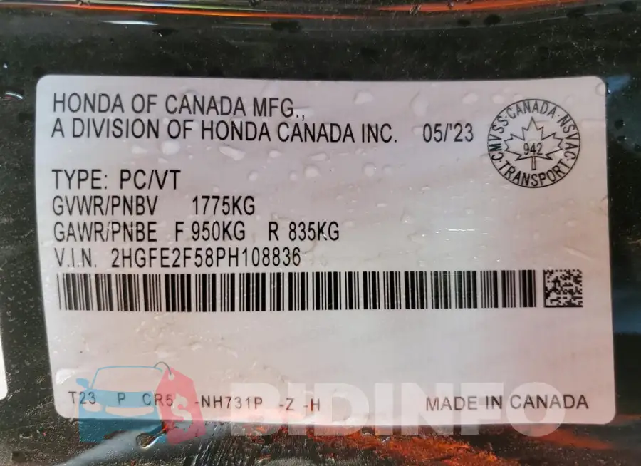2HGFE2F58PH108836 Photo# 12