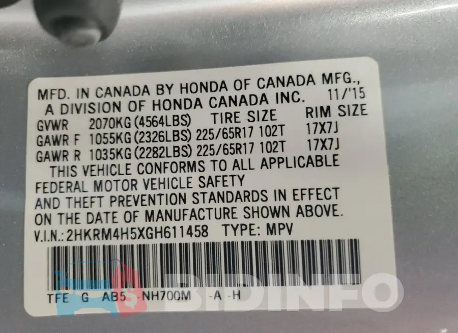 2HKRM4H5XGH611458 Photo# 13