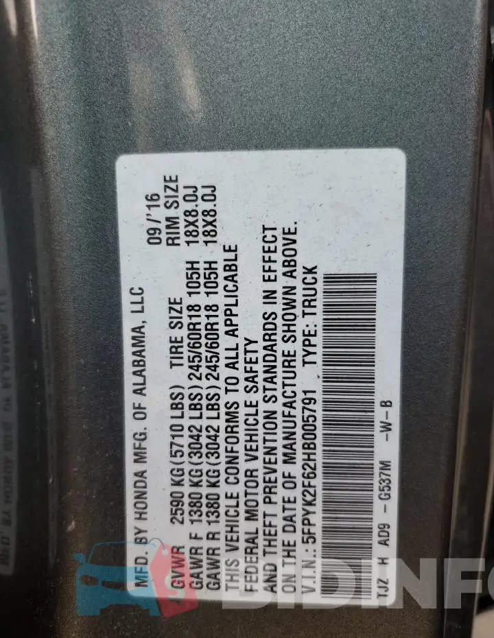 5FPYK2F62HB005791 Photo# 12