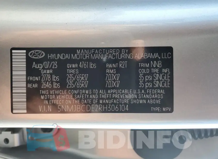 5NMJBCDE2RH306104 Photo# 14