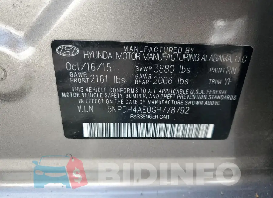 5NPDH4AE0GH778792 Photo# 12