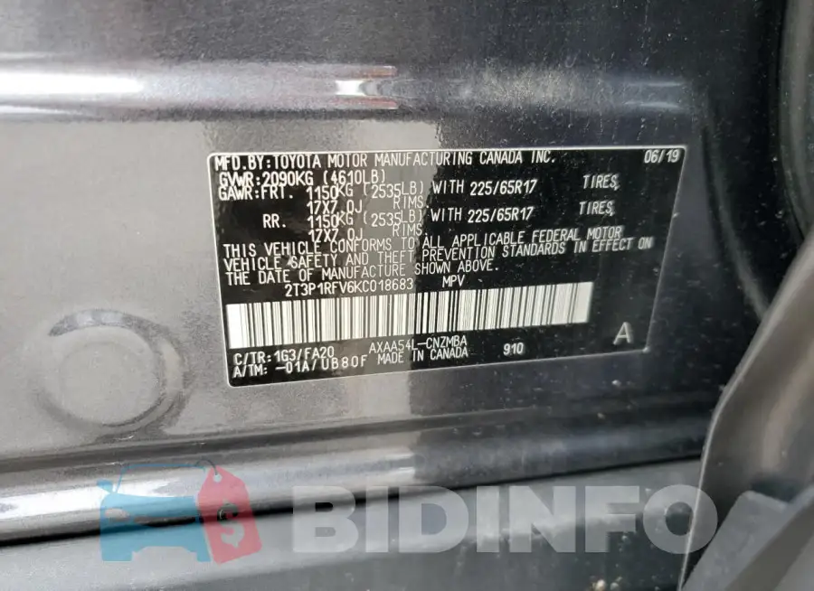 2T3P1RFV6KC018683 Photo# 13