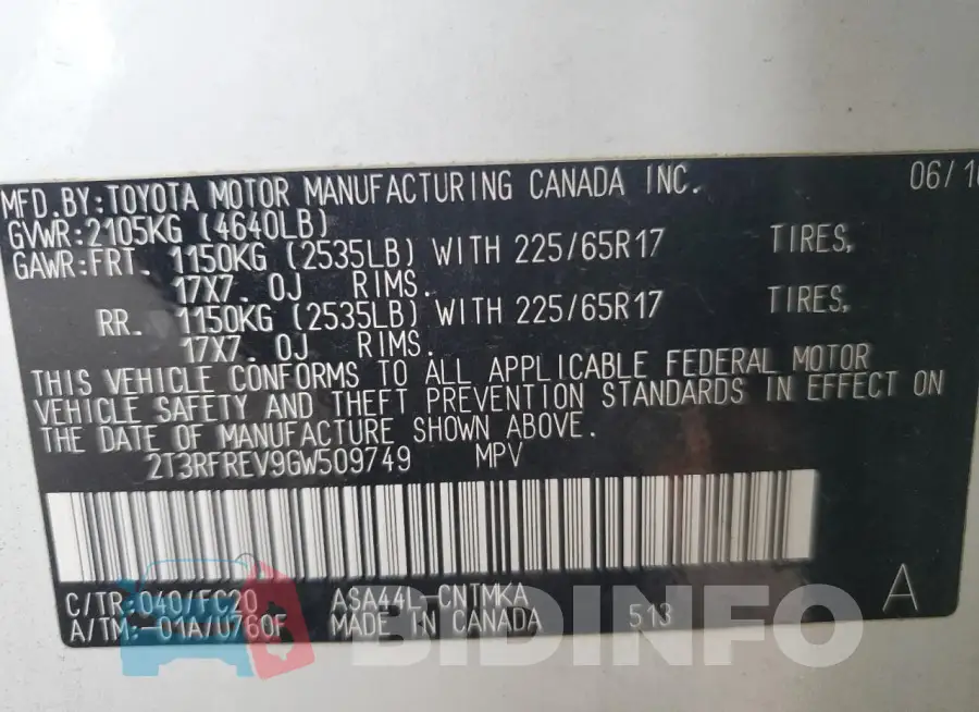 2T3RFREV9GW509749 Photo# 13