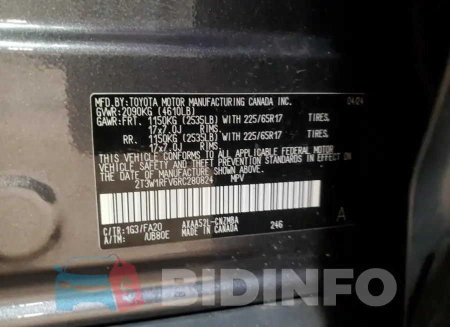 2T3W1RFV6RC280824 Photo# 14
