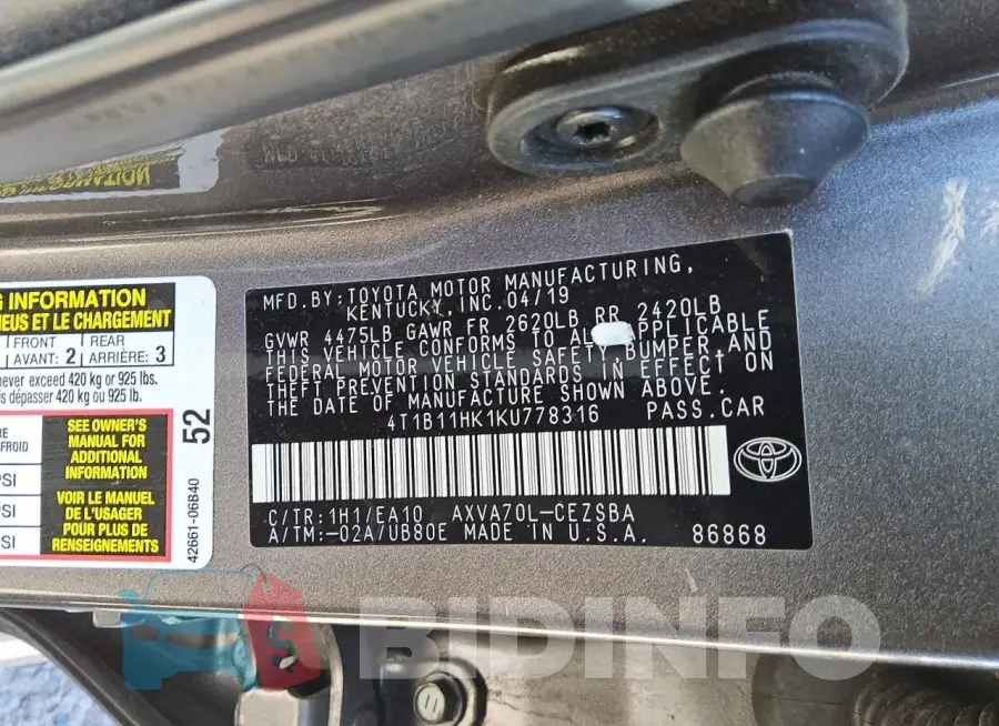 4T1B11HK1KU778316 Photo# 12