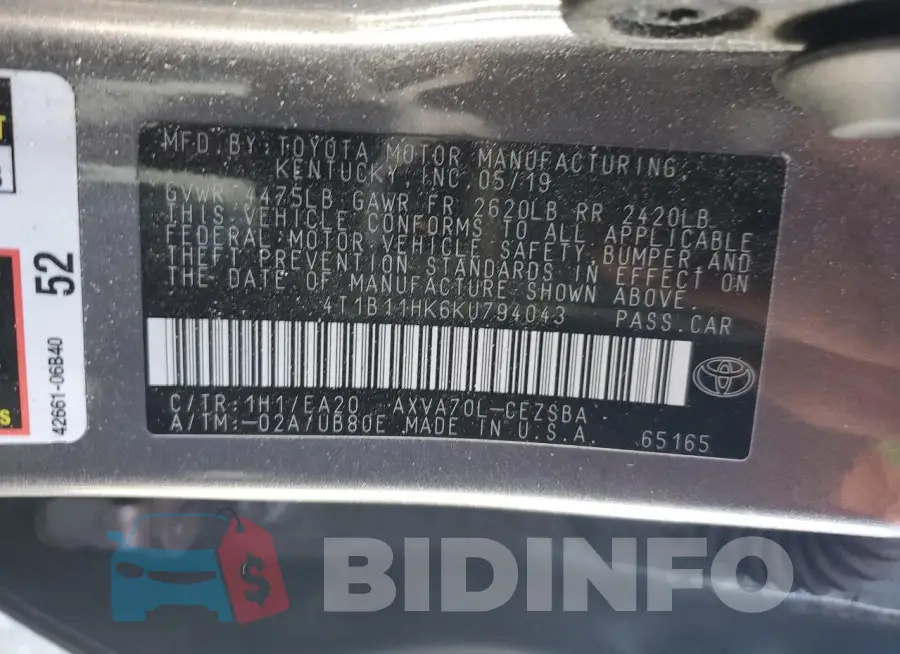 4T1B11HK6KU794043 Photo# 13