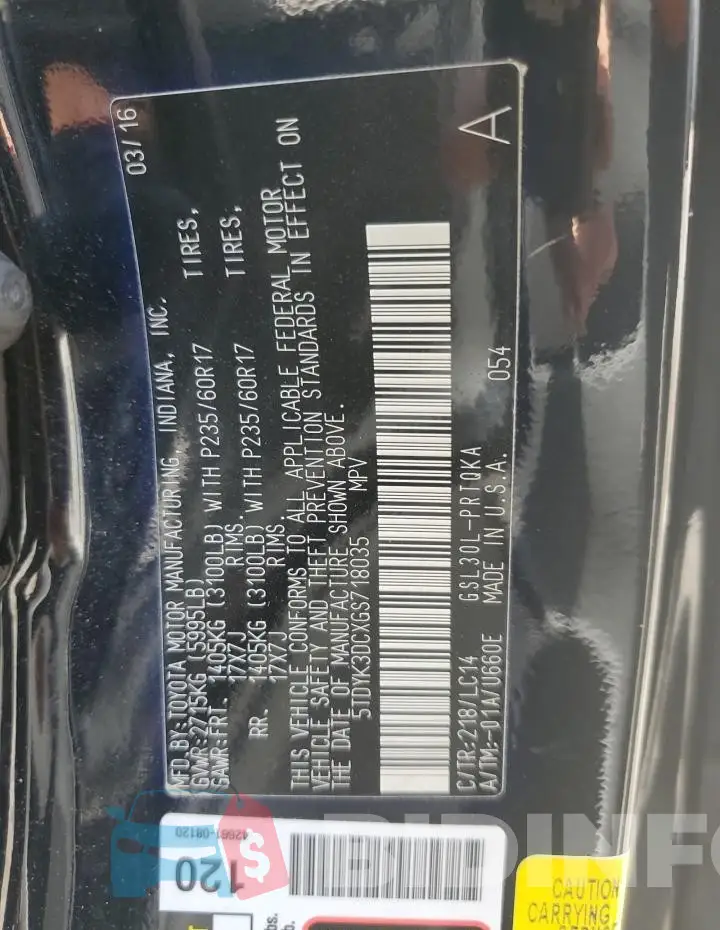 5TDYK3DCXGS718035 Photo# 13