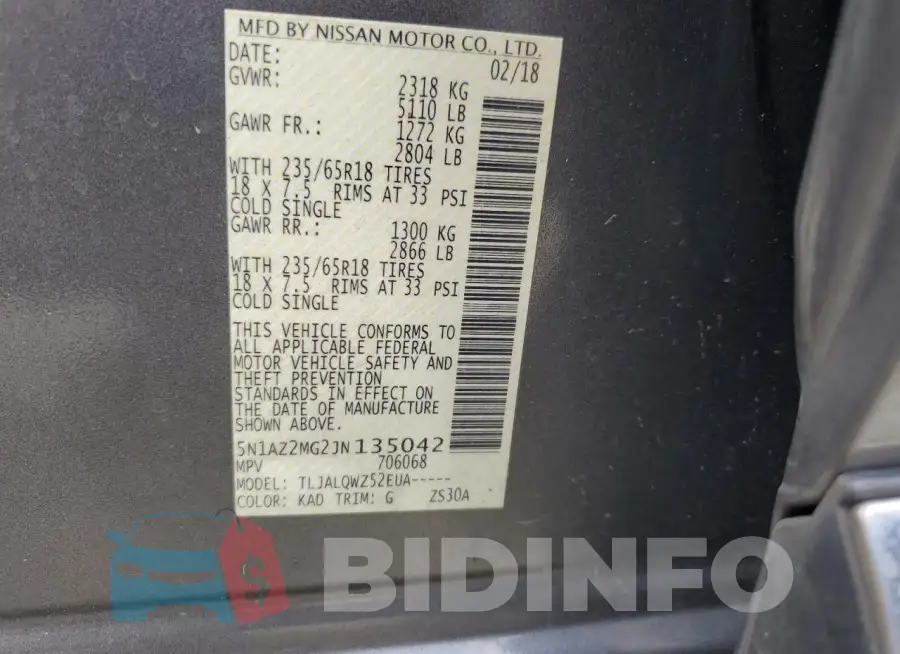 5N1AZ2MG2JN135042 Photo# 14