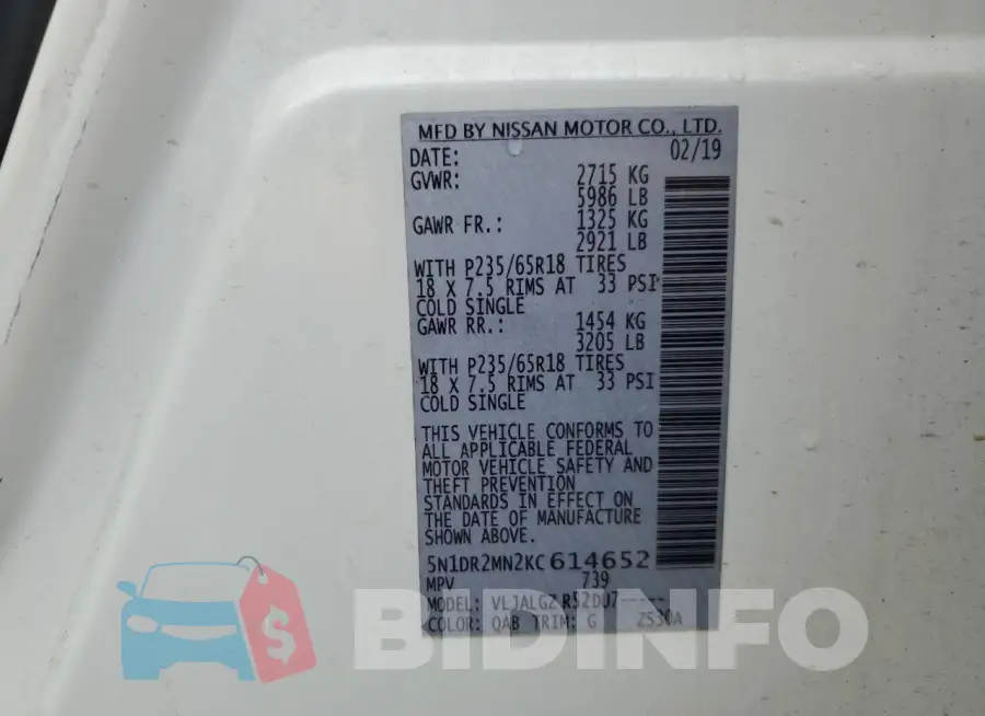 5N1DR2MN2KC614652 Photo# 14