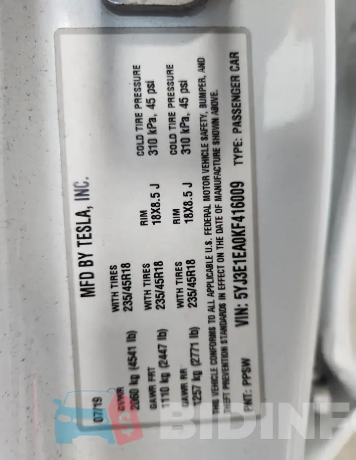 5YJ3E1EA0KF416009 Photo# 12