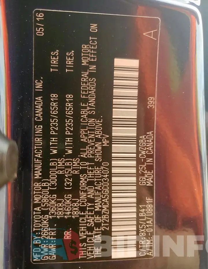 2T2BZMCA5GC034070 Photo# 14