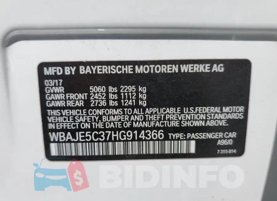 WBAJE5C37HG914366 Photo# 12