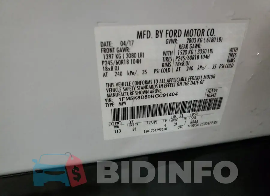 1FM5K8D80HGC91404 Photo# 14