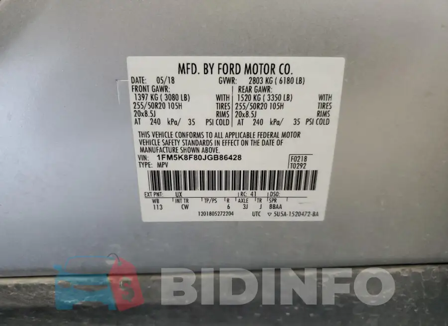 1FM5K8F80JGB86428 Photo# 13
