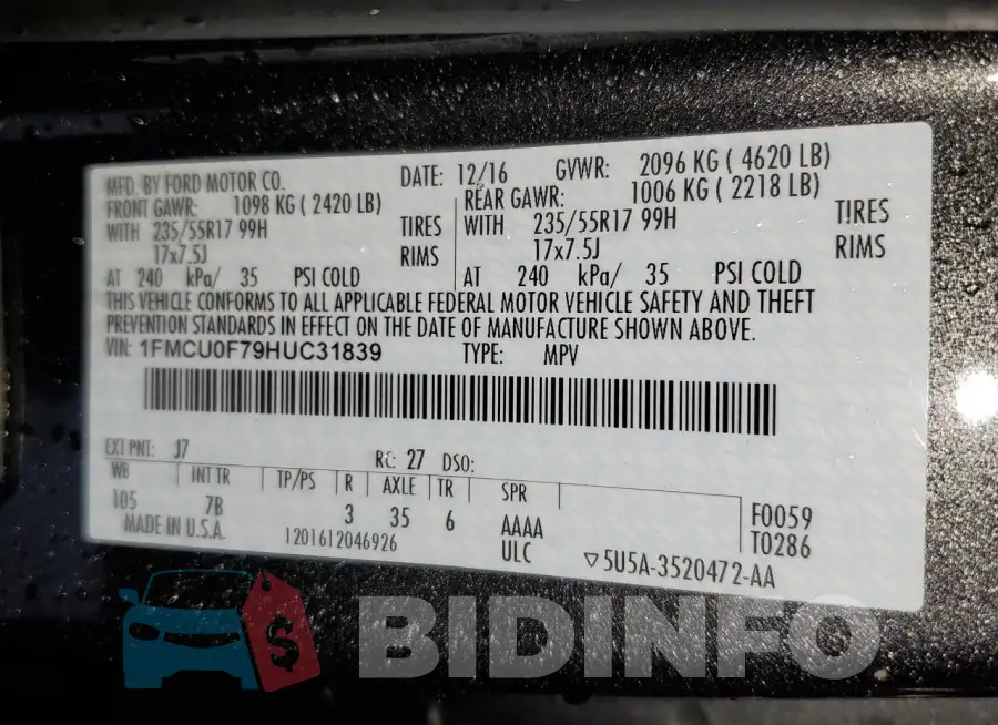 1FMCU0F79HUC31839 Photo# 14
