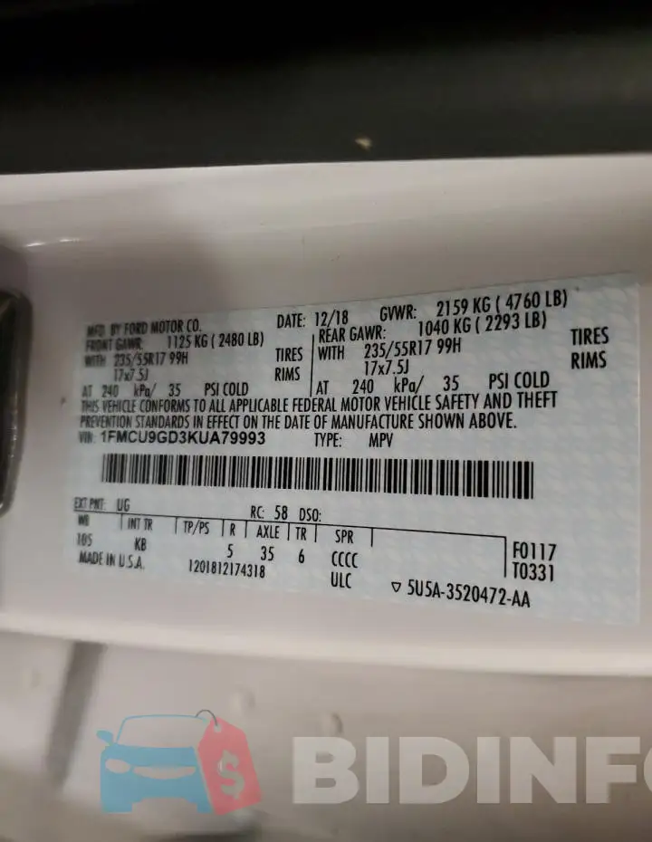 1FMCU9GD3KUA79993 Photo# 13