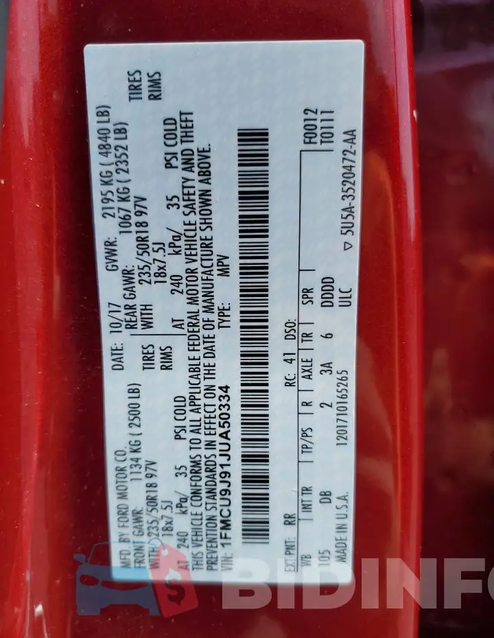 1FMCU9J91JUA50334 Photo# 13