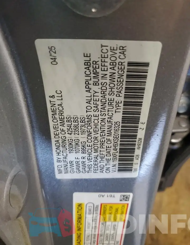19XFL4H9XSE016325 Photo# 12