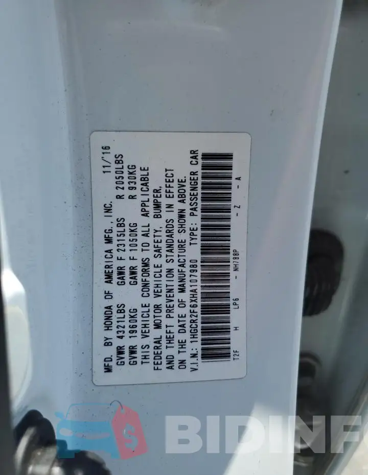 1HGCR2F6XHA107980 Photo# 12