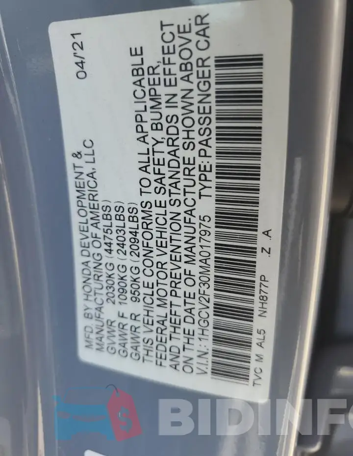 1HGCV2F30MA017975 Photo# 13