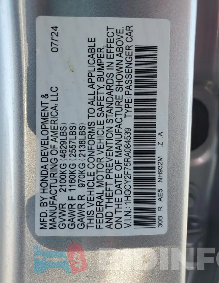 1HGCY2F75RA084539 Photo# 14
