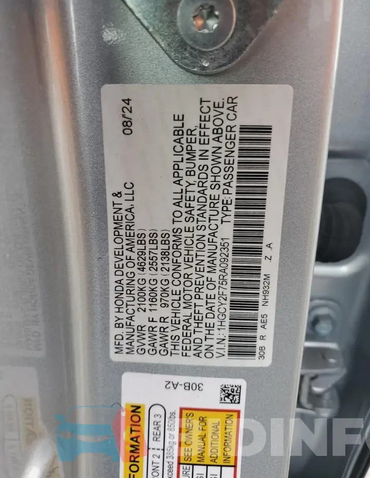 1HGCY2F75RA092351 Photo# 12