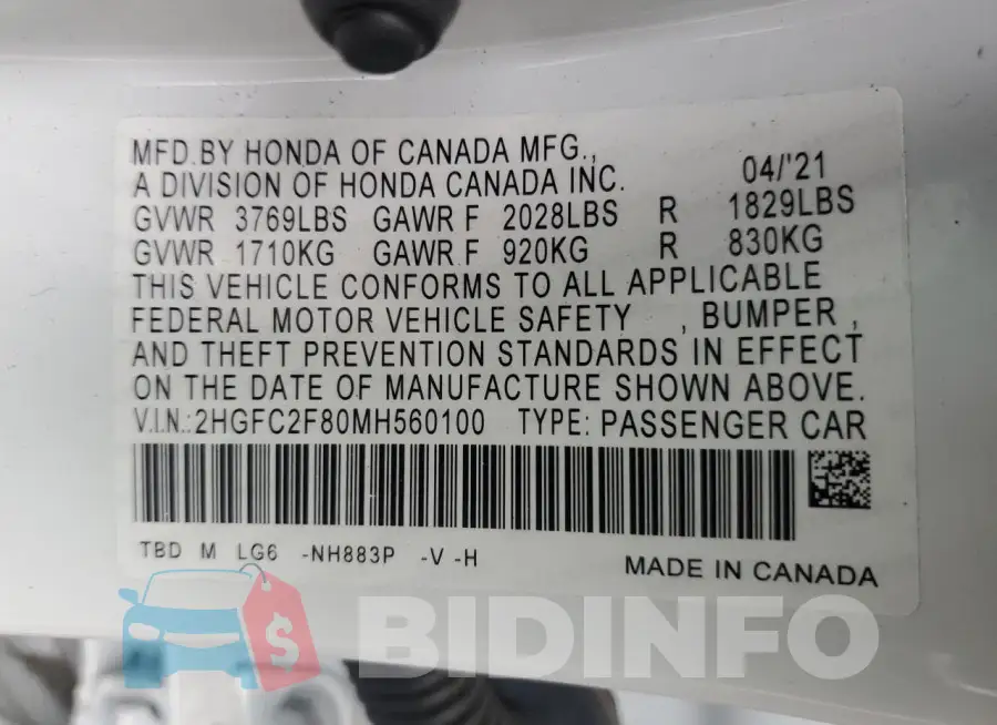 2HGFC2F80MH560100 Photo# 13