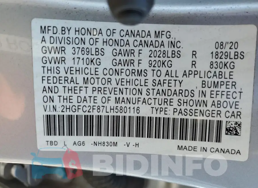 2HGFC2F87LH580116 Photo# 12