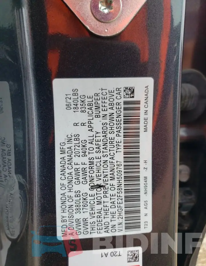 2HGFE2F58NH509767 Photo# 13