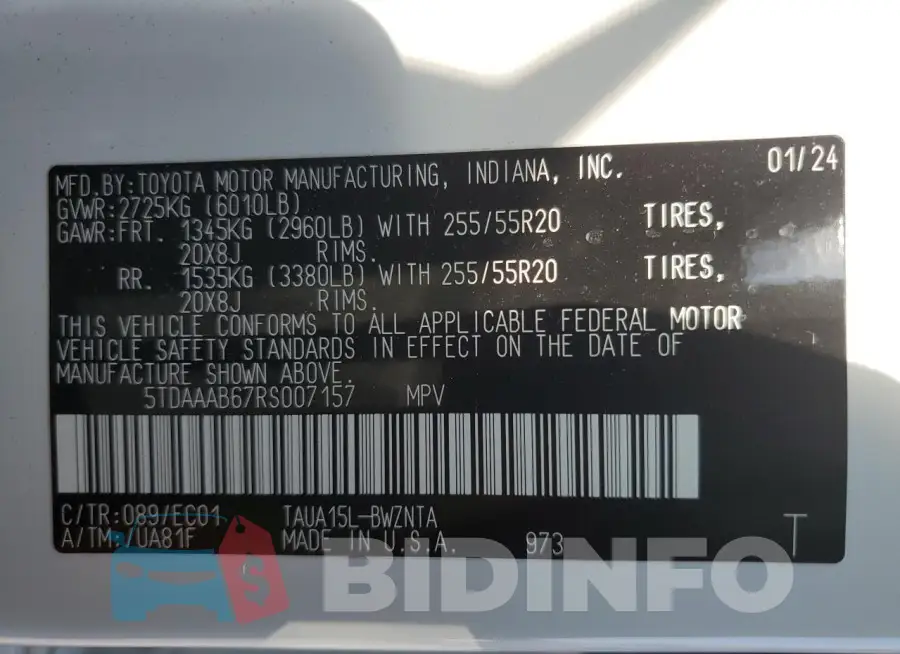 5TDAAAB67RS007157 Photo# 14