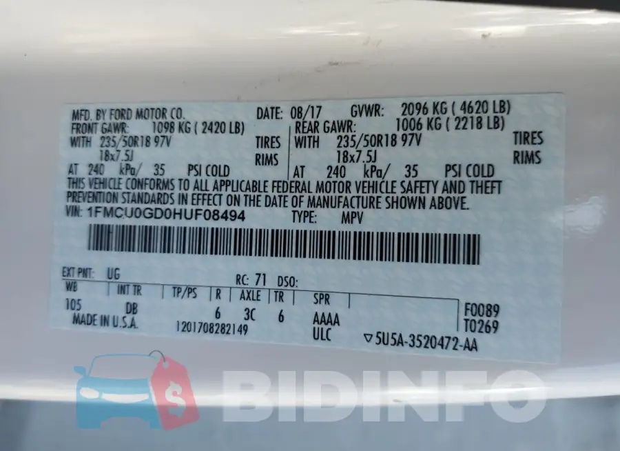 1FMCU0GD0HUF08494 Photo# 12
